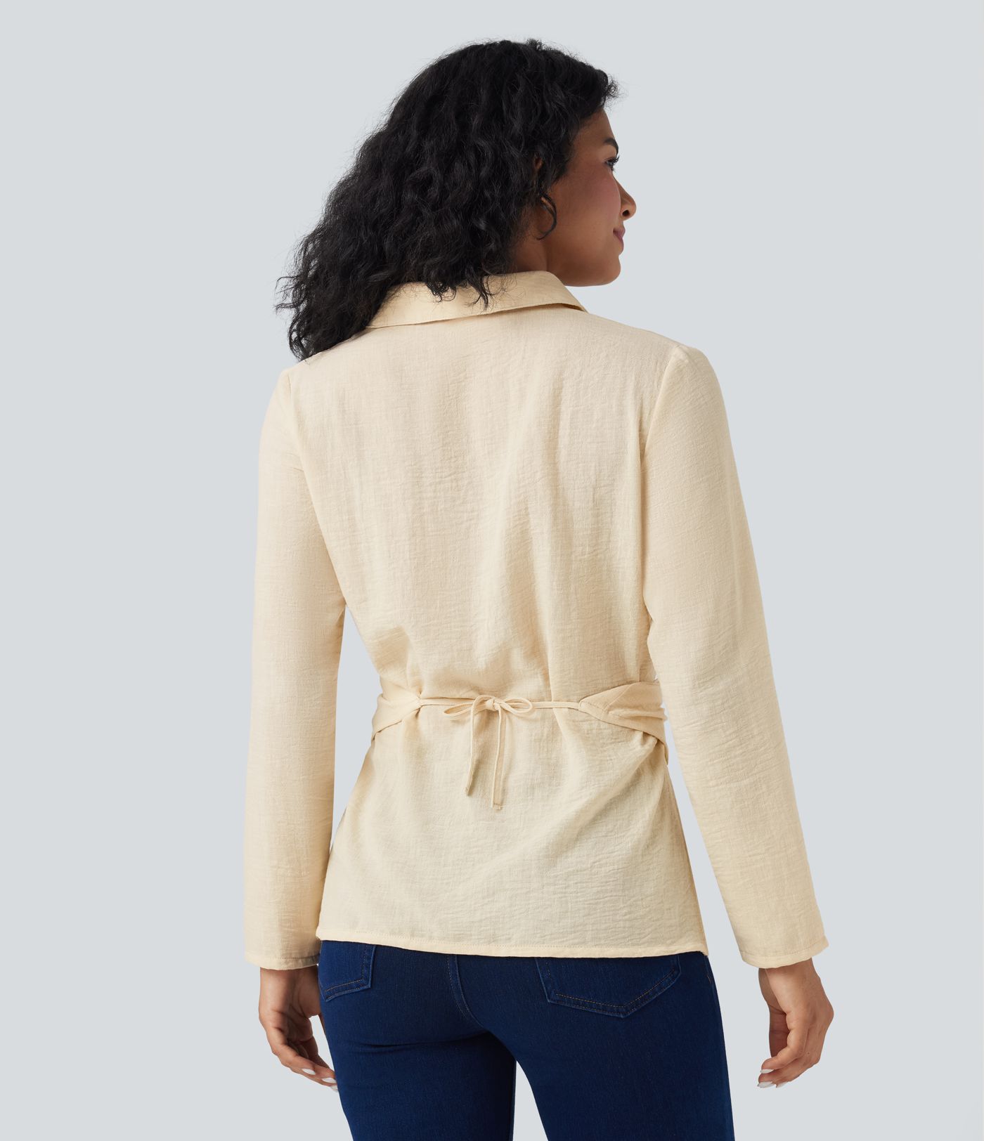 Camisa de oficina cruzada de manga larga con lazo en la espalda