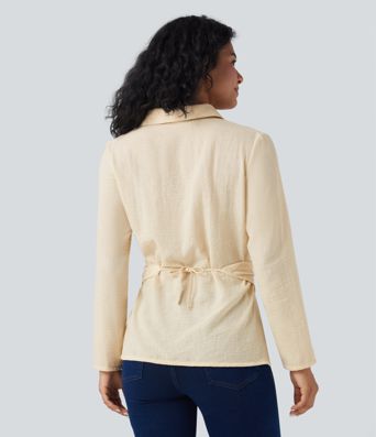 Camisa de oficina cruzada de manga larga con lazo en la espalda