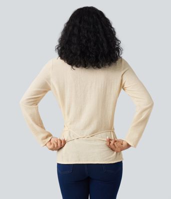 Camisa de oficina cruzada de manga larga con lazo en la espalda