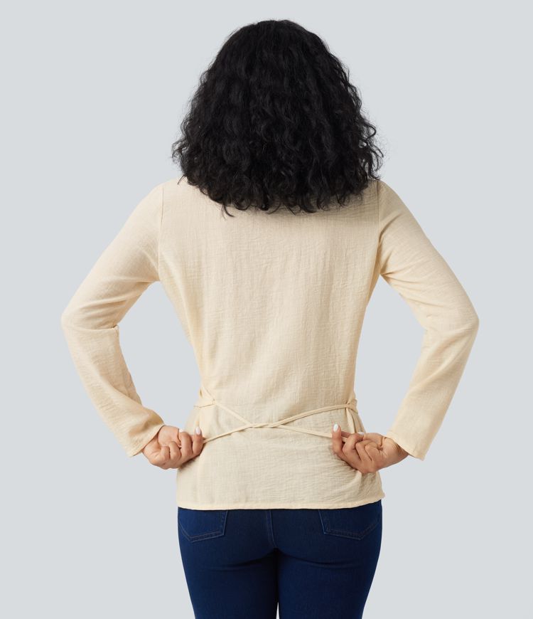 Camisa de oficina cruzada de manga larga con lazo en la espalda