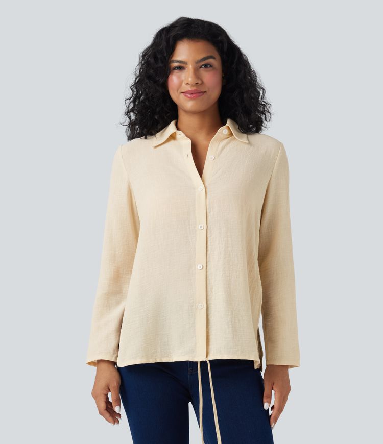 Camisa de oficina cruzada de manga larga con lazo en la espalda