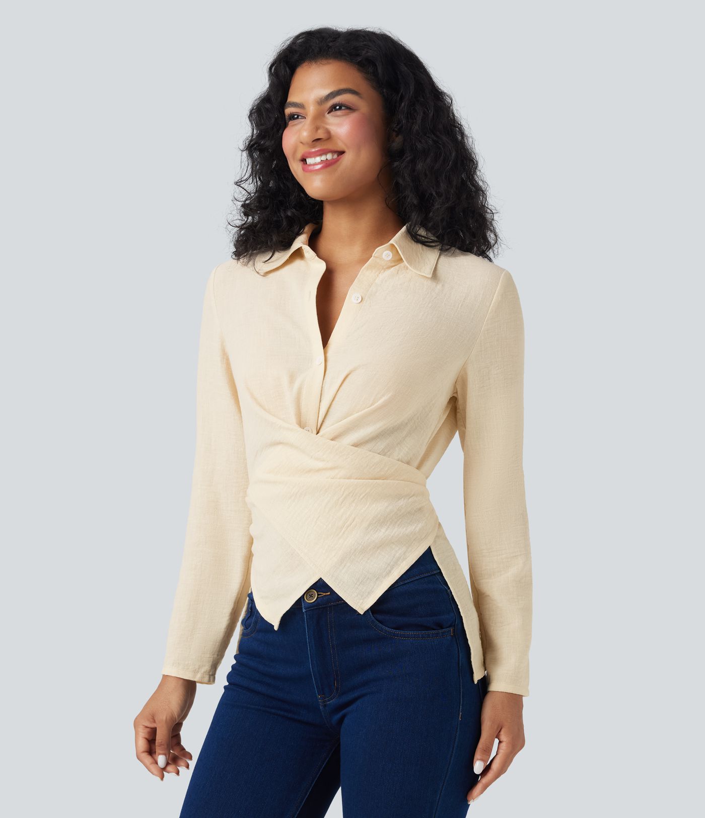 Camisa de oficina cruzada de manga larga con lazo en la espalda