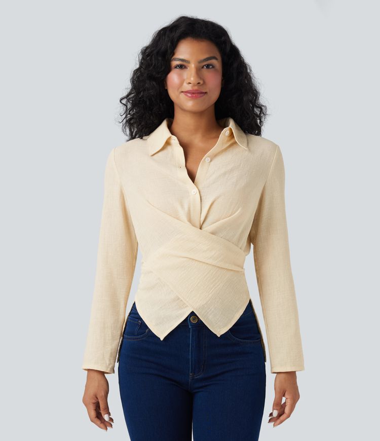 Camisa de oficina cruzada de manga larga con lazo en la espalda