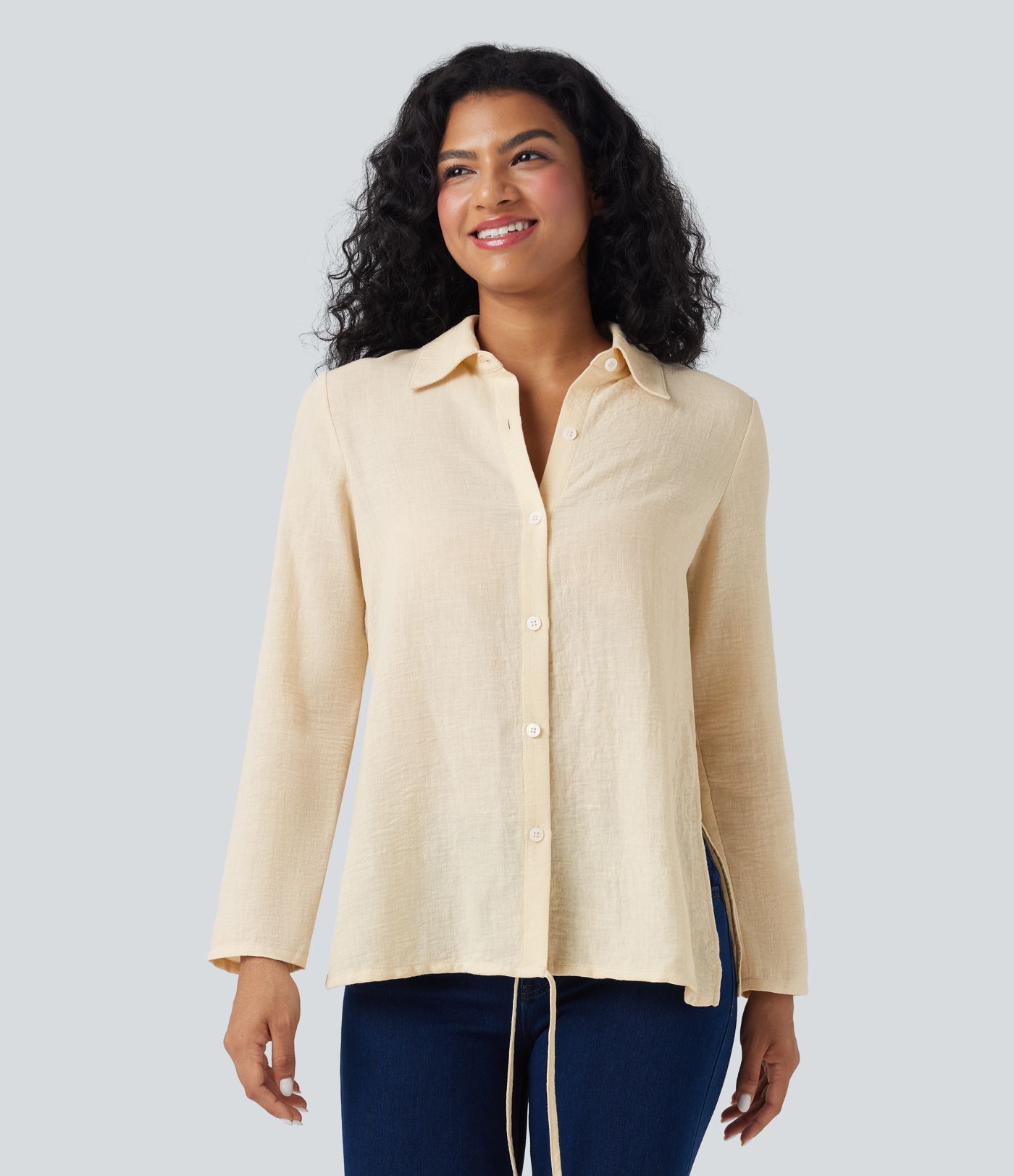 Camisa de oficina cruzada de manga larga con lazo en la espalda