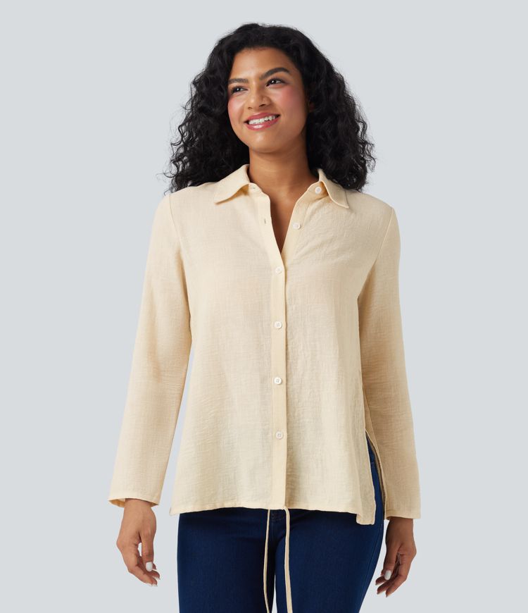 Camisa de oficina cruzada de manga larga con lazo en la espalda