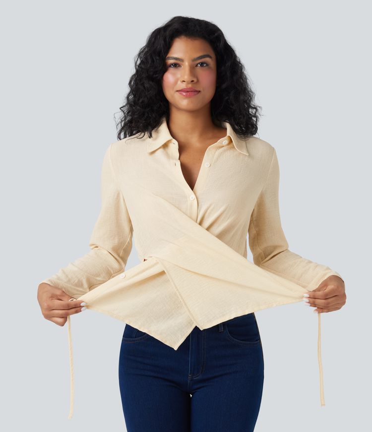 Camisa de oficina cruzada de manga larga con lazo en la espalda