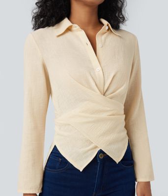 Camisa de oficina cruzada de manga larga con lazo en la espalda