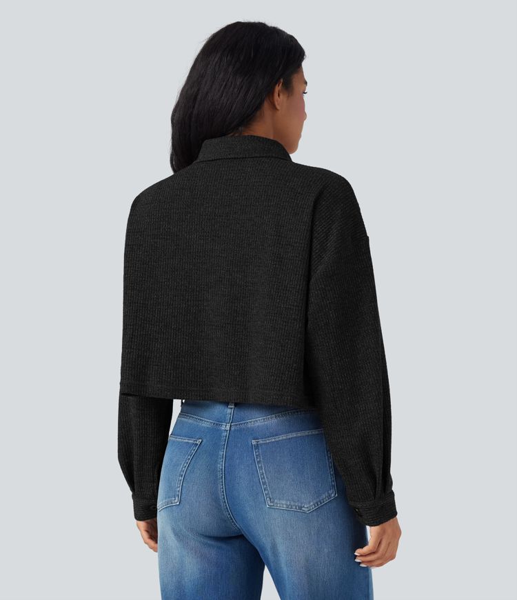 Long Sleeve Knit Waffle Casual Jacket with Pockets