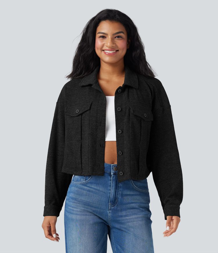 Long Sleeve Knit Waffle Casual Jacket with Pockets