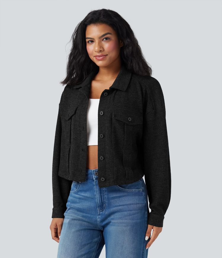 Long Sleeve Knit Waffle Casual Jacket with Pockets
