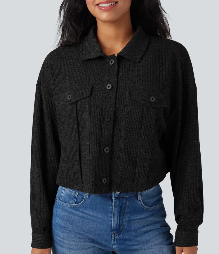 Long Sleeve Knit Waffle Casual Jacket with Pockets