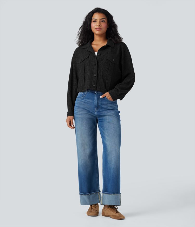 Long Sleeve Knit Waffle Casual Jacket with Pockets