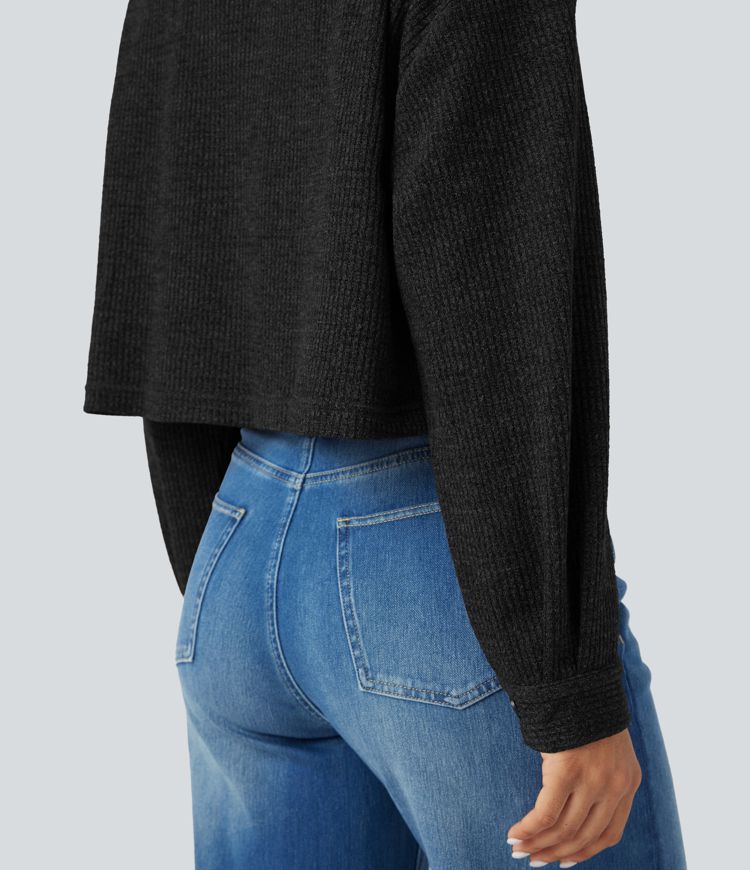 Long Sleeve Knit Waffle Casual Jacket with Pockets