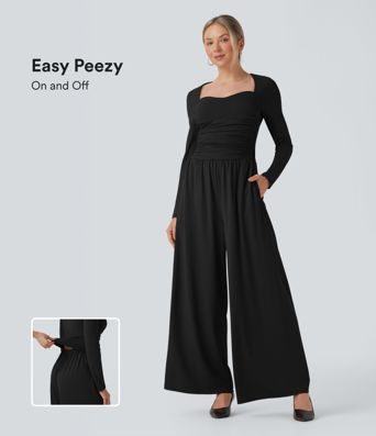 Sweetheart Neck Long Sleeve Ruched Casual Jumpsuit with Pockets-Easy Peezy Edition