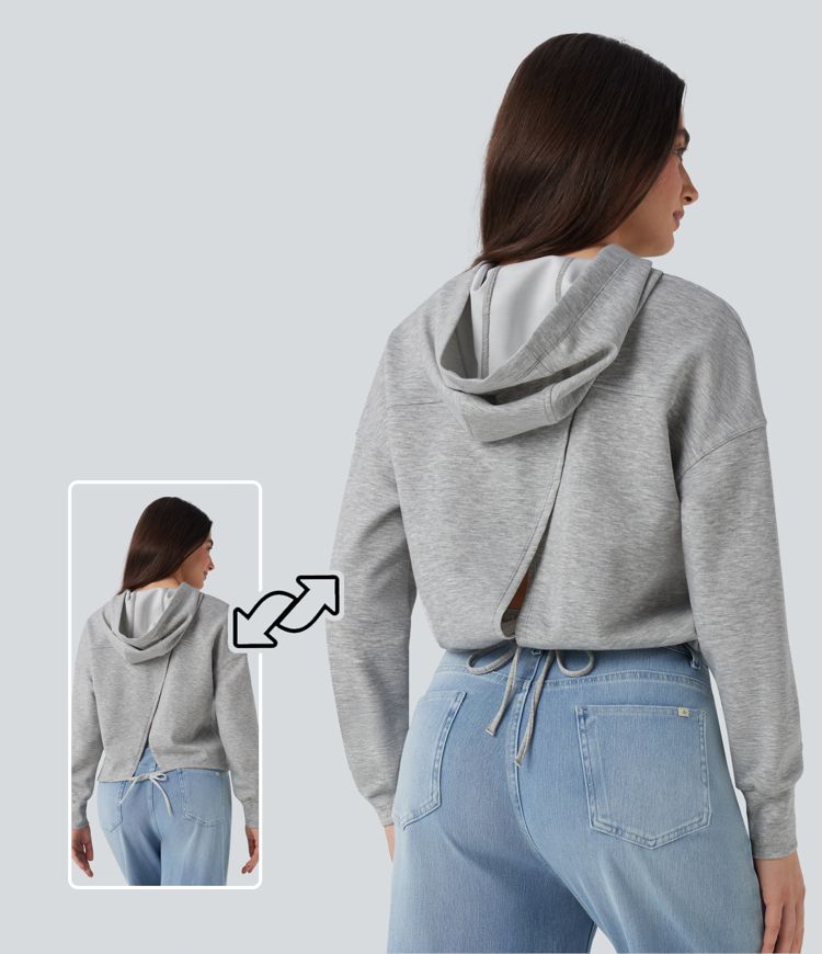 Hooded Long Sleeve Dropped Shoulder Split Tie Back Casual Sweatshirt