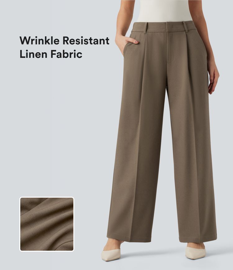 High Waisted Straight Leg Work Linen Pants with Pockets
