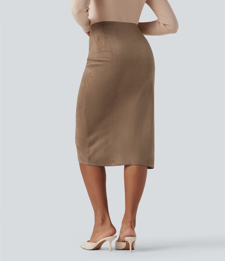 High Waisted Suede Tulip Hem Midi Casual Skirt