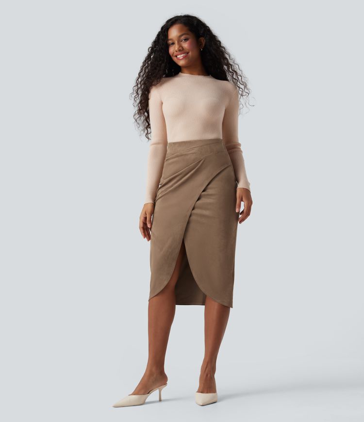 Jupe mi-longue décontractée suédine taille haute ourlet tulipe