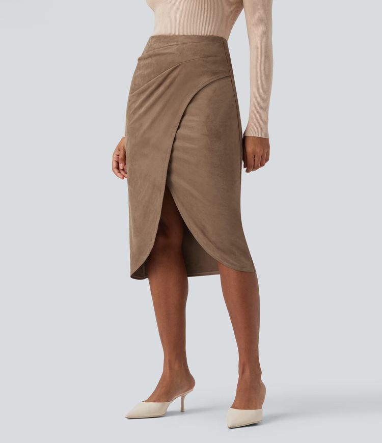 Jupe mi-longue décontractée suédine taille haute ourlet tulipe