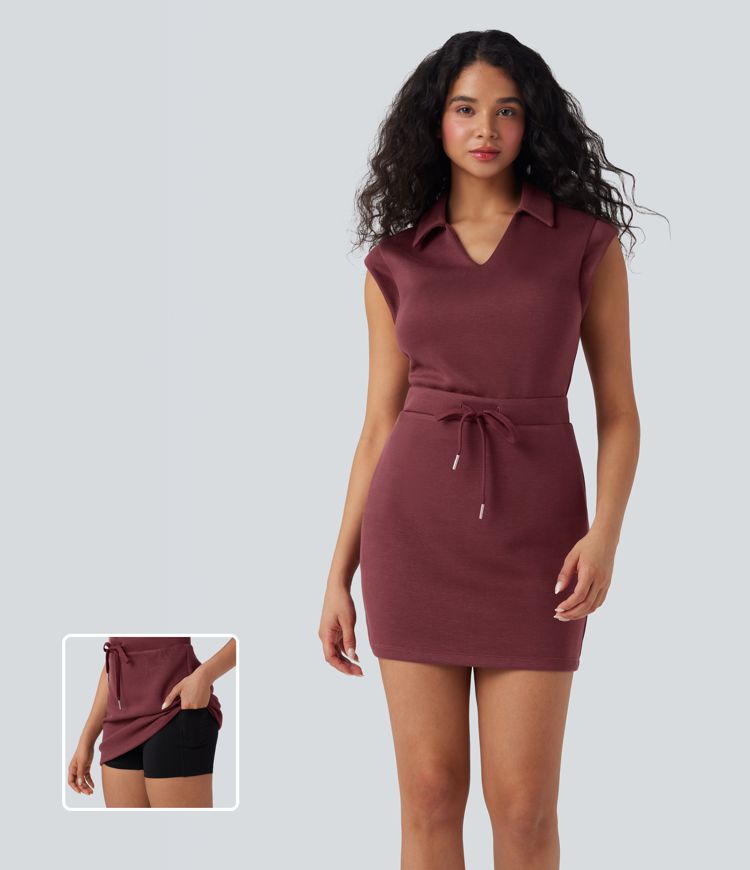 Vestido de tenis 2 en 1 con cuello en V de manga corta con cordón ajustable y bolsillos