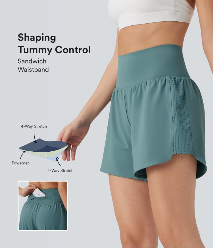 SoCinched Super High Waisted Tummy Control Contrast Mesh 2-in-1 Yoga Shorts 5'' with Pockets