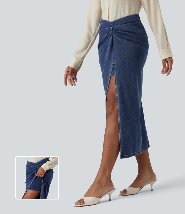 Halara Flex™ High Waisted 2-in-1 Split Bodycon Midi Casual Denim Skirt
