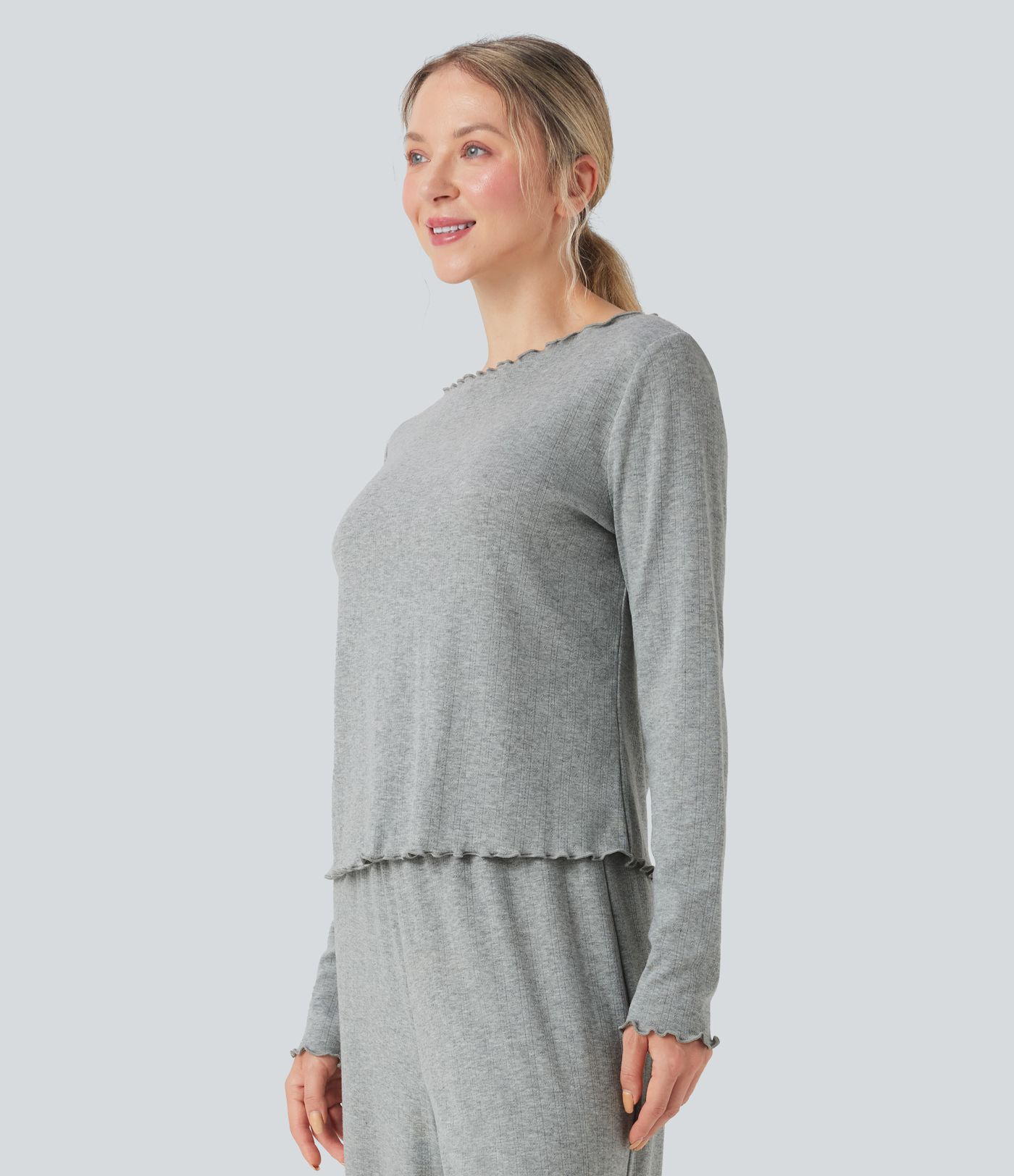 Boat Neck Long Sleeve Lettuce Trim Pointelle Lounge Top