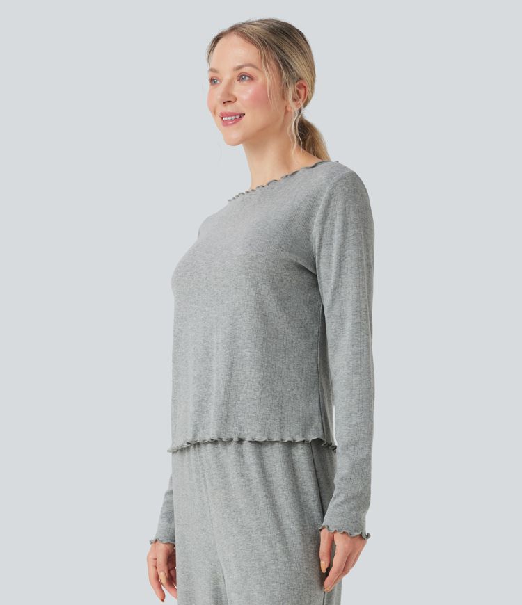 Haut détente col bateau manches longues finitions plissées pointelle