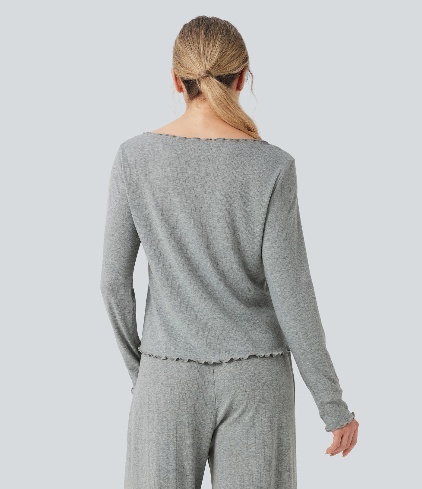 Boat Neck Long Sleeve Lettuce Trim Pointelle Lounge Top