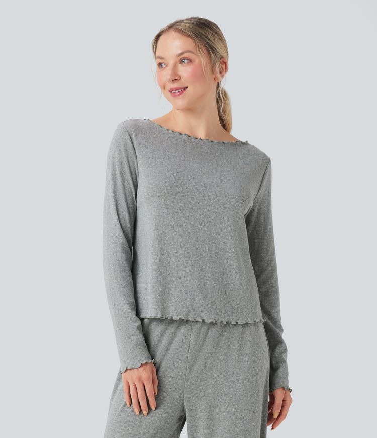 Boat Neck Long Sleeve Lettuce Trim Pointelle Lounge Top