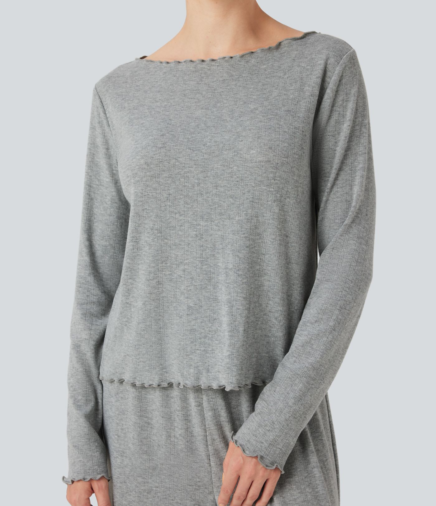 Boat Neck Long Sleeve Lettuce Trim Pointelle Lounge Top