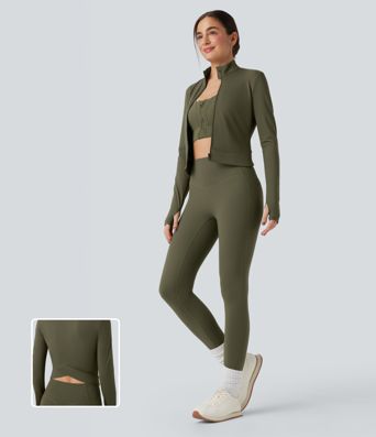 SoftlyZero™ Plush Stand Collar Long Sleeve Thumb Holes Crossover Back Yoga Jackets 