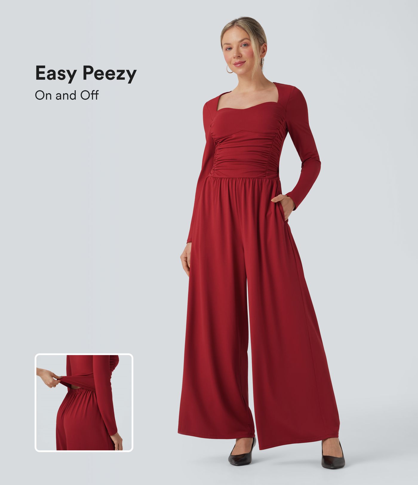 Lässiger Jumpsuit mit Herzausschnitt, langen Ärmeln und Rüschen und Taschen – pipi-praktisch