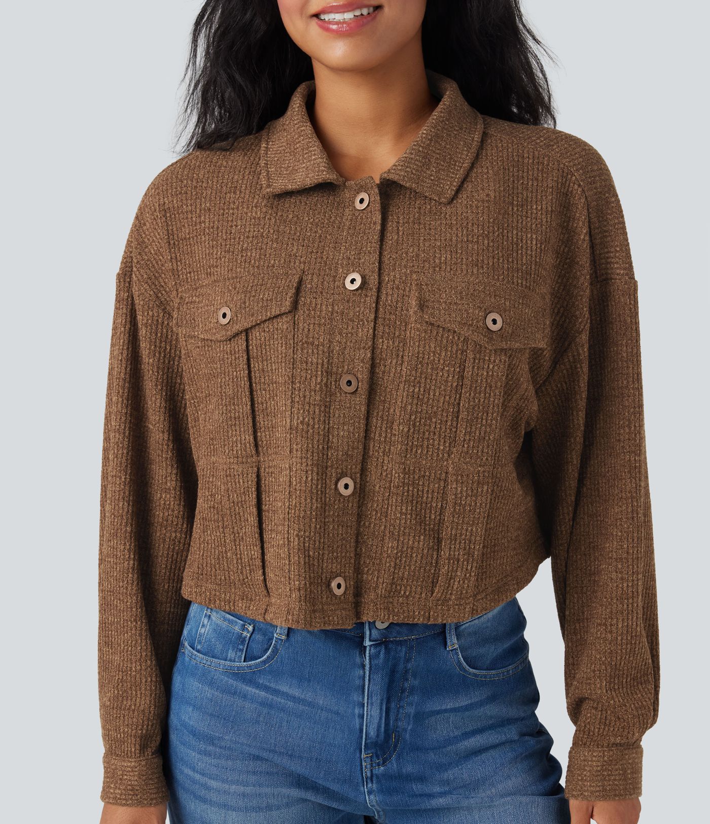 Veste décontractée en tricot gaufré à manches longues avec poches