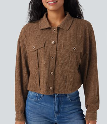 Veste décontractée en tricot gaufré à manches longues avec poches