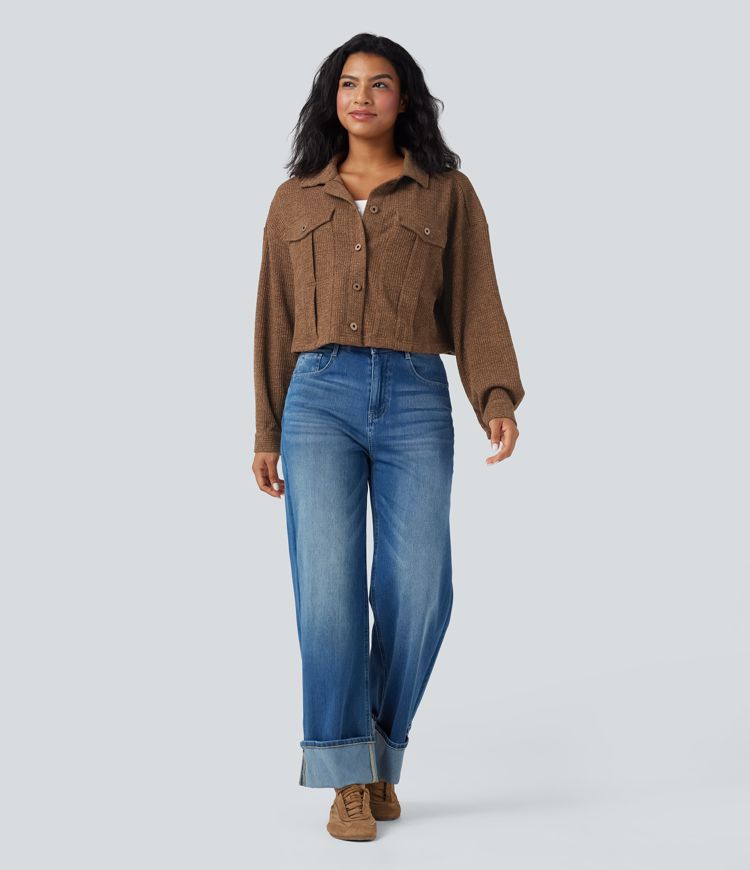 Veste décontractée en tricot gaufré à manches longues avec poches