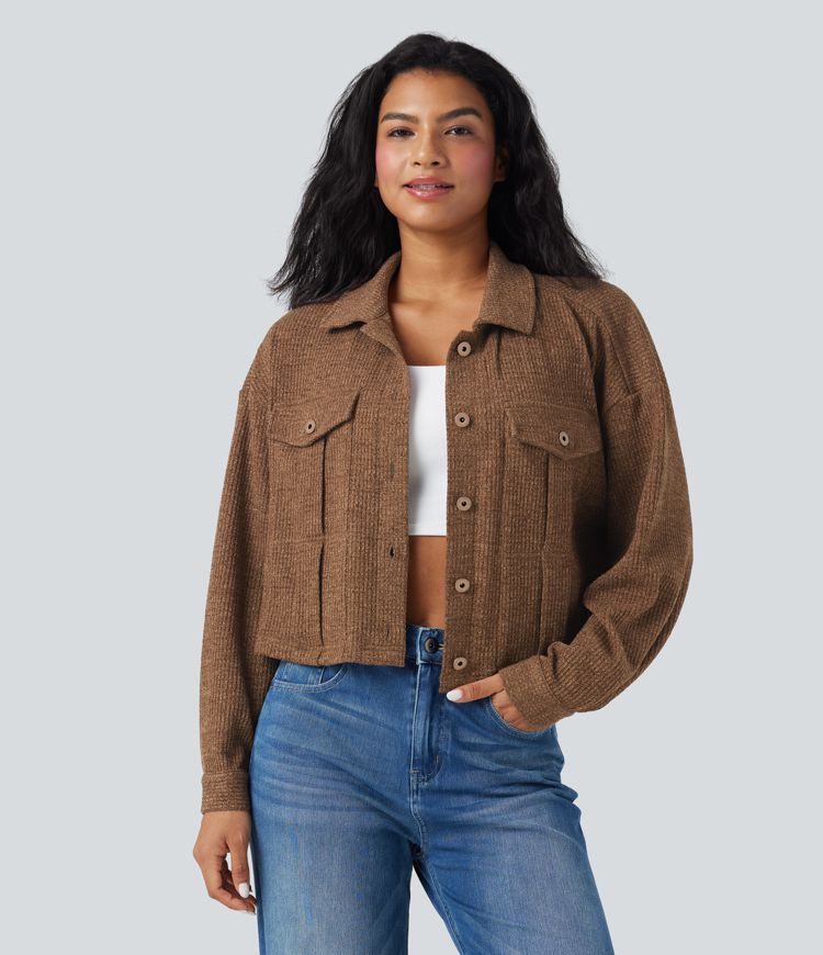 Long Sleeve Knit Waffle Casual Jacket with Pockets
