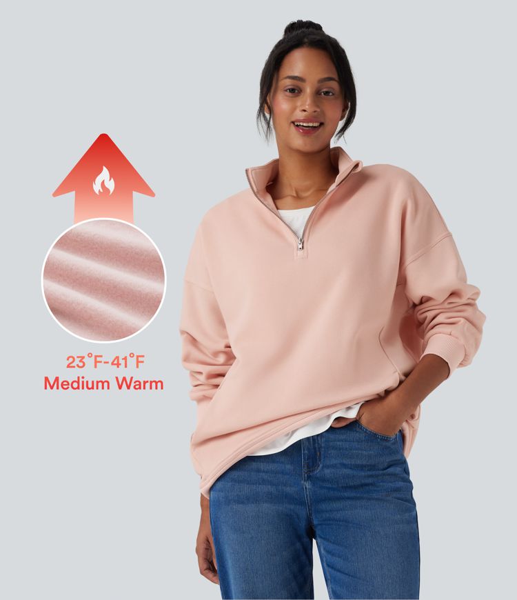 Stand Collar Half Zip Oversize Fleece Casual Sweatshirt with Pockets
