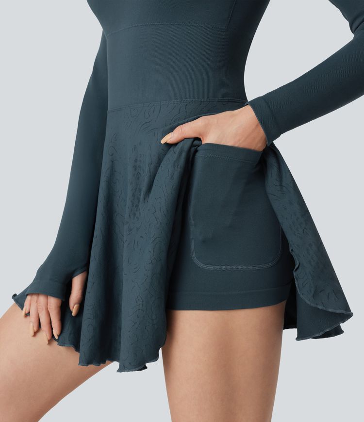 Robe de tennis active mini Seamless Flow 2-en-1 dos nu manches longues à trous pouces avec poches