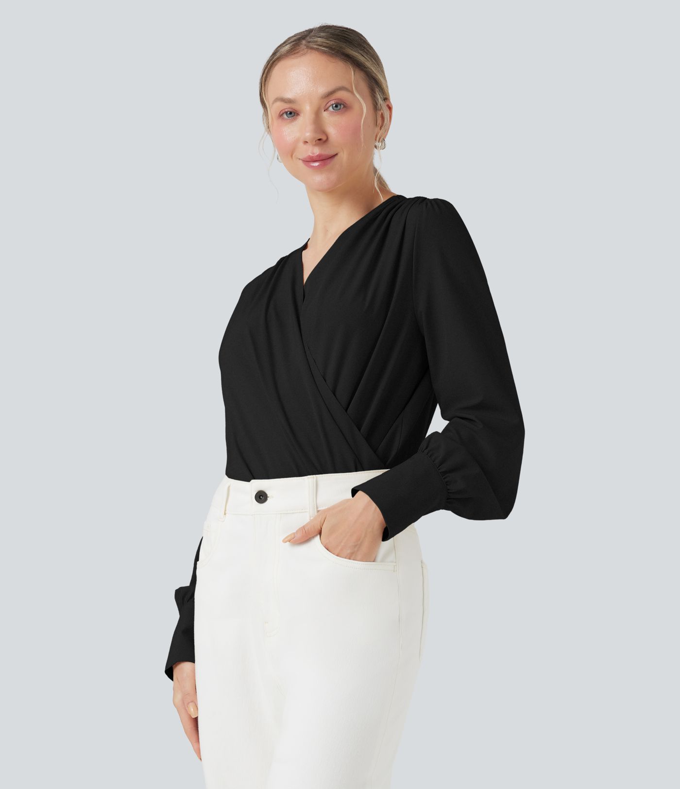 Breezeful™ V-Ausschnitt Überkreuz Langarm Schnelltrocknender Arbeits-Bodysuit