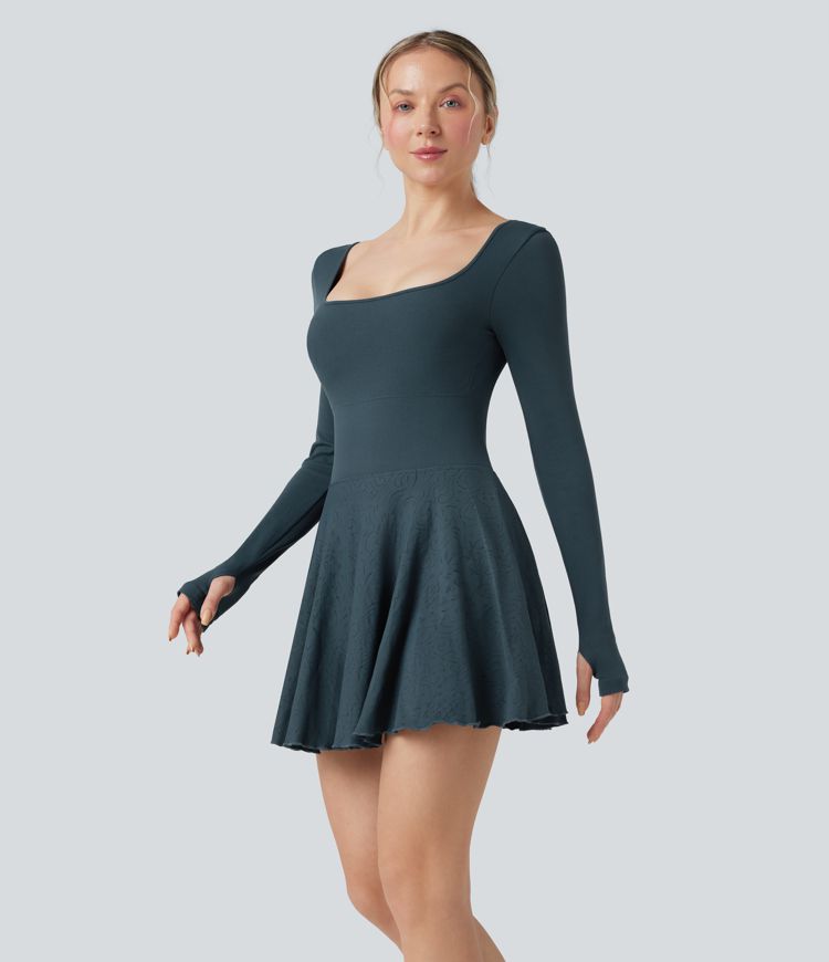 Seamless Flow Backless Long Sleeve Thumb Holes 2-in-1 Mini Tennis Active Dress with Pockets