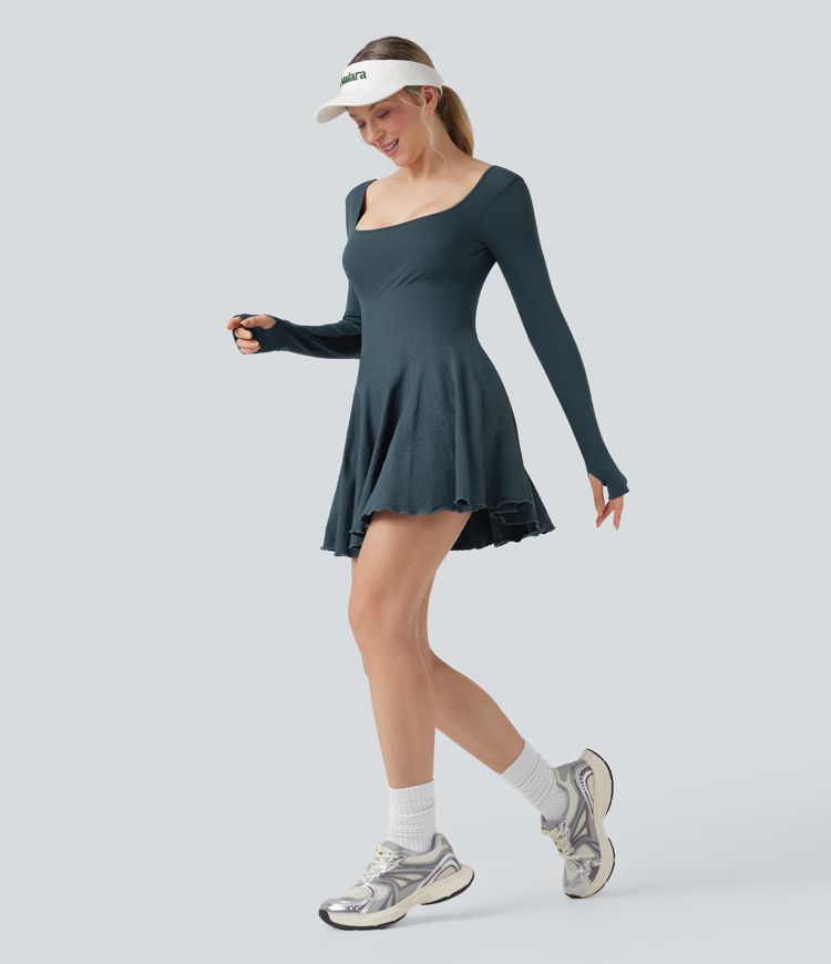 Robe de tennis active mini Seamless Flow 2-en-1 dos nu manches longues à trous pouces avec poches