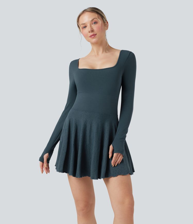 Seamless Flow Backless Long Sleeve Thumb Holes 2-in-1 Mini Tennis Active Dress with Pockets