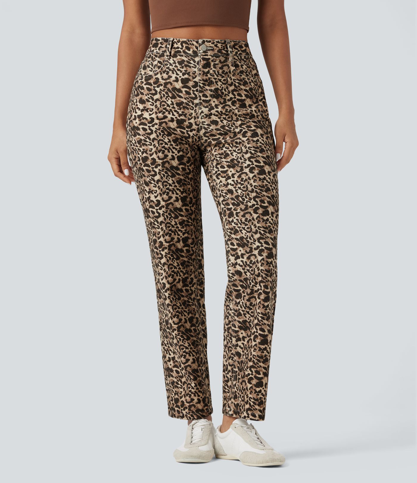 Halara Flex™ Leopard Print High Waisted Straight Leg Casual Jeans with Pockets