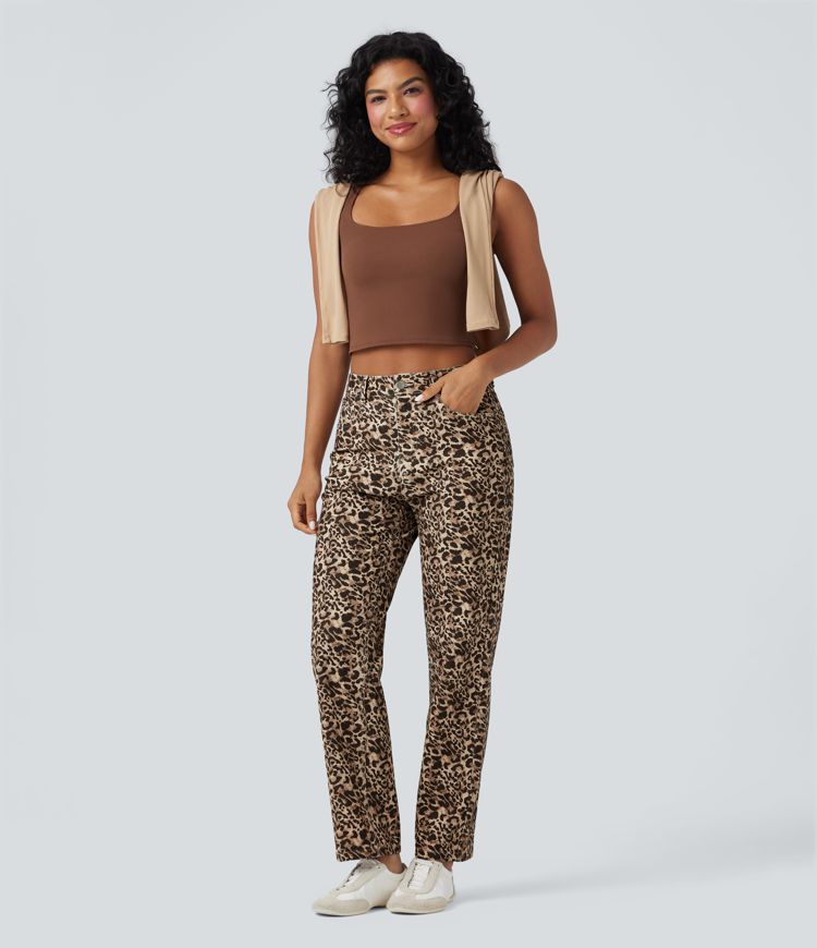 Halara Flex™ Leopard Print High Waisted Straight Leg Casual Jeans with Pockets