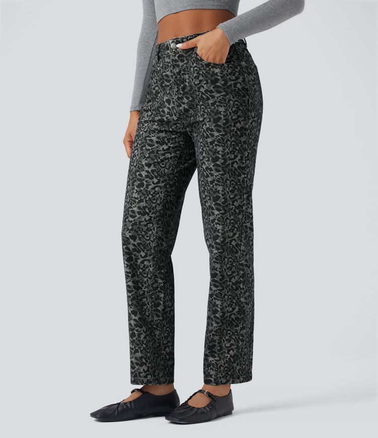 Halara Flex™ Leopard Print High Waisted Straight Leg Casual Jeans with Pockets