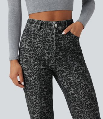 Halara Flex™ Leopard Print High Waisted Straight Leg Casual Jeans with Pockets