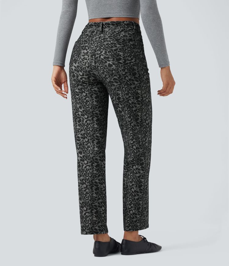 Jean Halara Flex™ coupe droite imprimé léopard taille haute avec poches