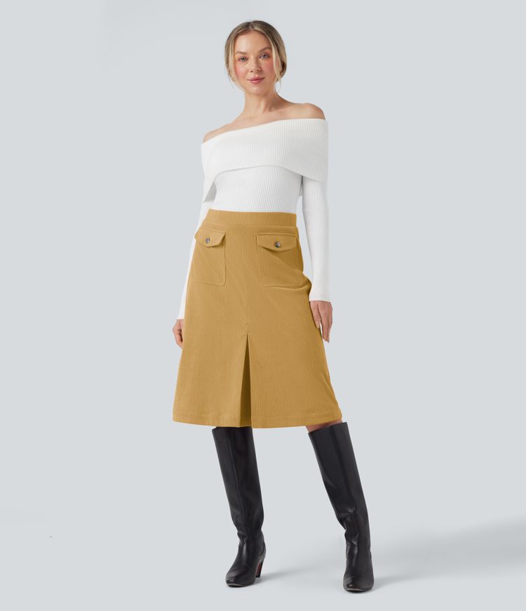 Jupe décontractée mi-longue en velours côtelé taille moyenne avec poches à rabat et fendue