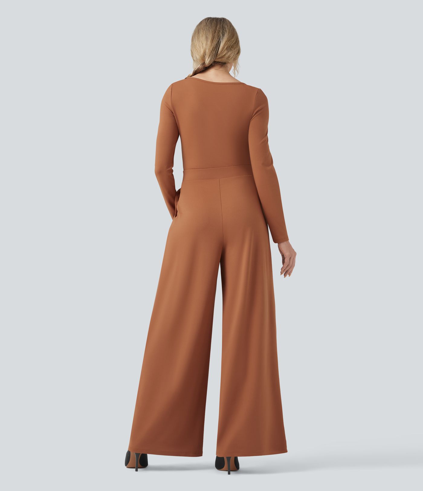 U-hálsmál langermabolur víður fæðandi stílhreinn samfestingur með vösum